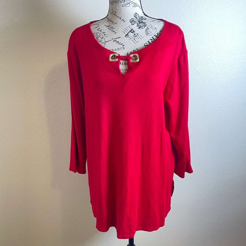 Est. 1946 Womens Red Keyhole Tunic Top Gold‎ Hardware Long Sleeve 14/16W 3088